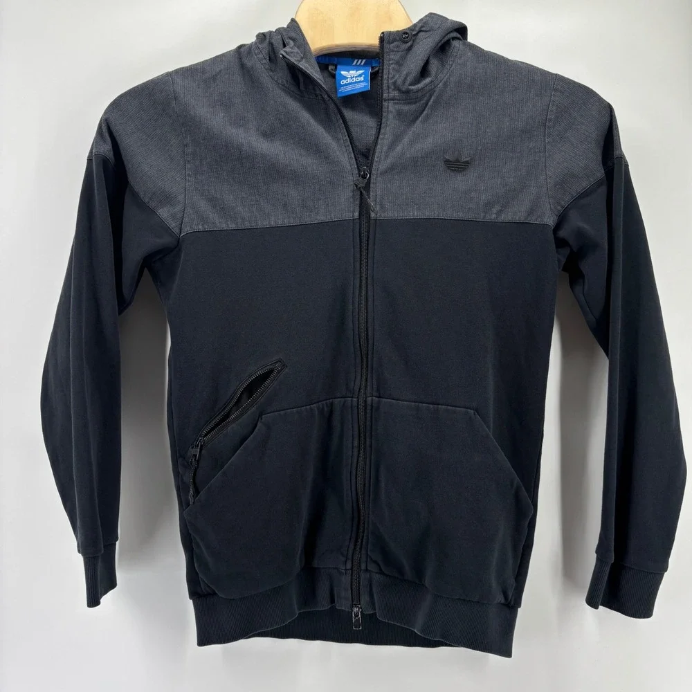 Adidas Originals Full Zip Hoodie Mens Medium Black Grey Colorblock Trefoil Logo